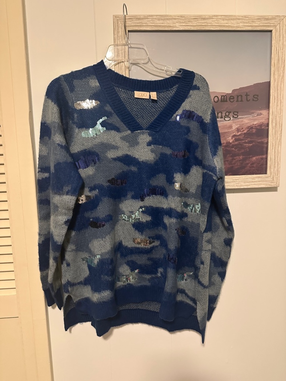 Size Medium Logo Lavish Blue Brushed Camo Sweater with Sequins